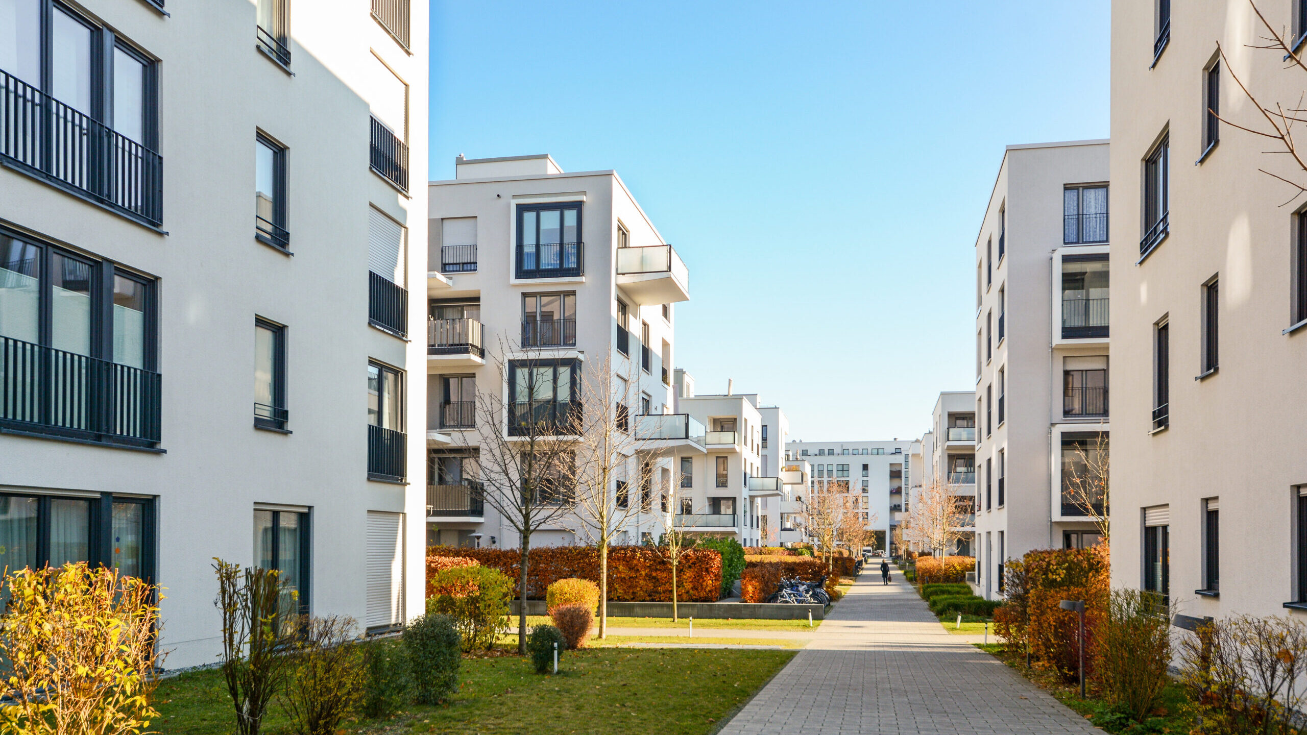 Modern apartment buildings in a green residential area in the ci